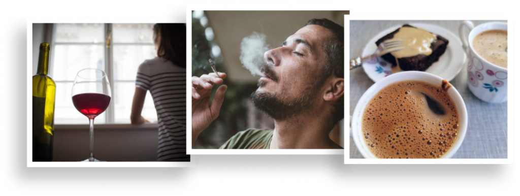 Collage of three sleep disruptors such as wine, vaping, and caffeine