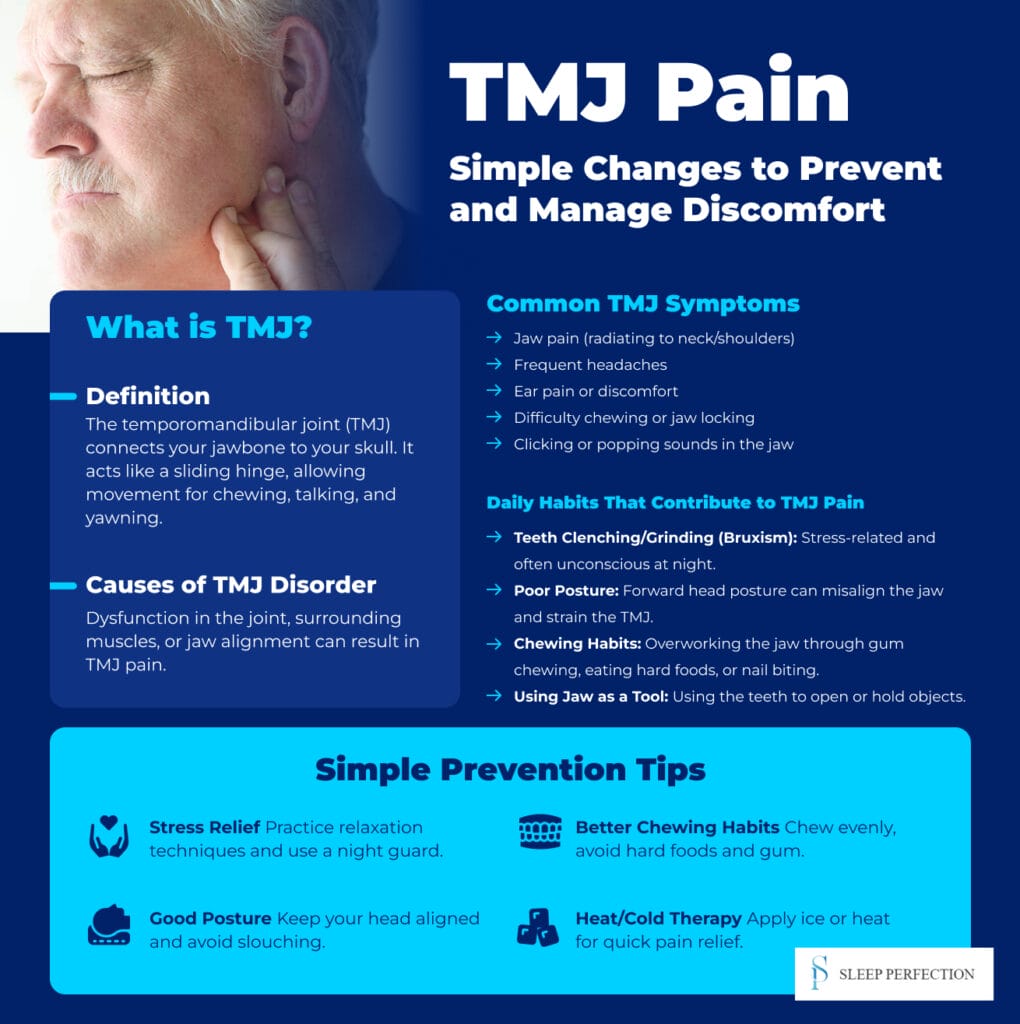 Infographic explaining TMJ pain, symptoms, causes, and prevention tips