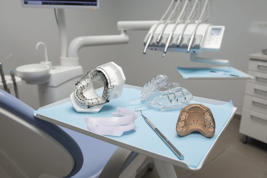 Full-Breath Solution oral appliances displayed on dental table with clinic background