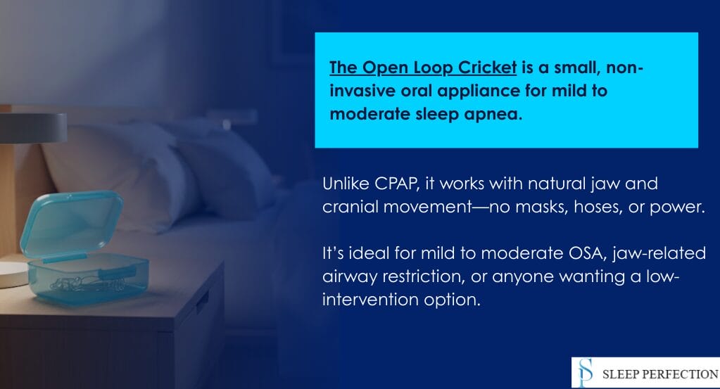 Explanation of how the Open Loop Cricket device works for sleep apnea treatment.